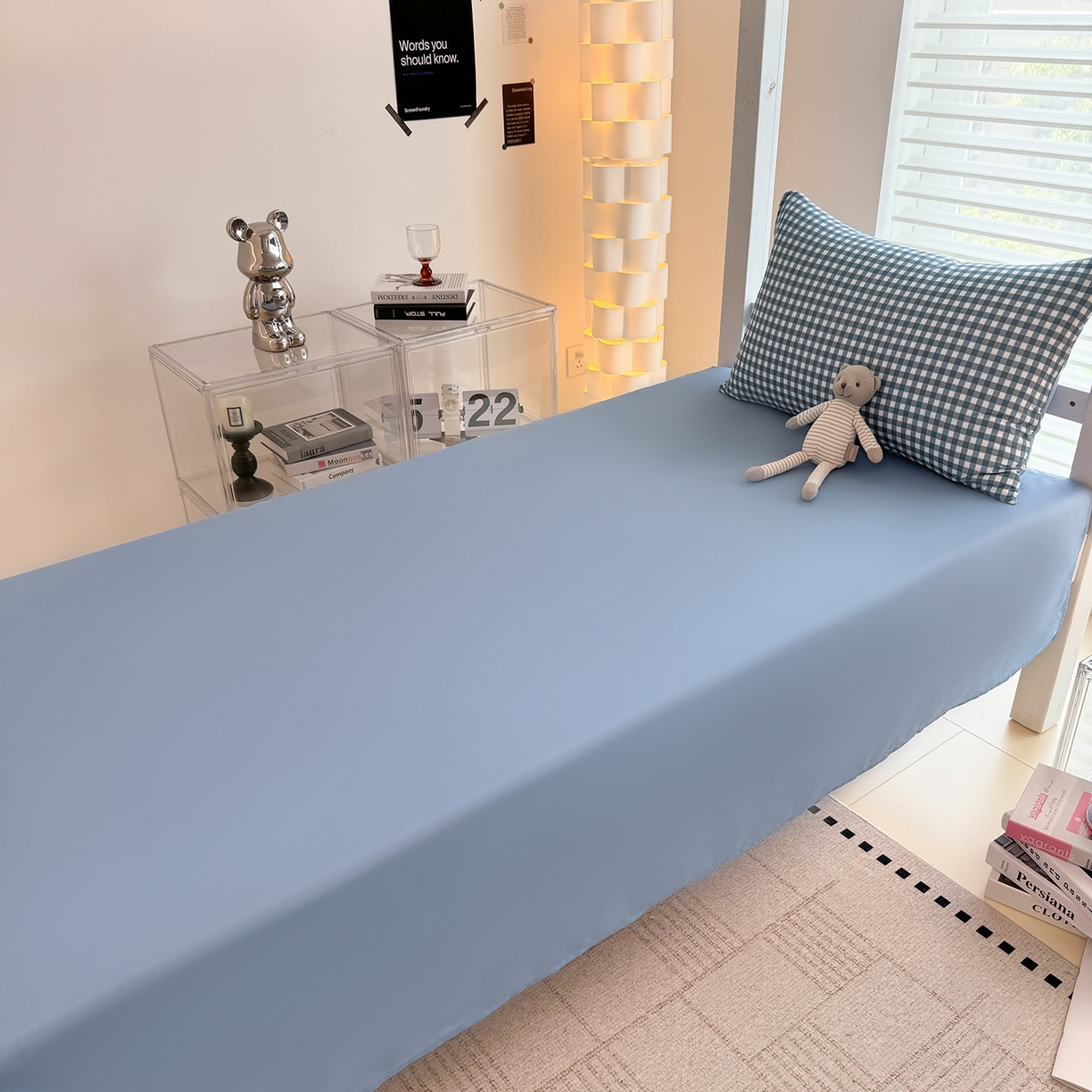 91家纺网 家纺一手货源 找家纺 十一家居2025年新款ins风A类亲肤水洗棉学生宿舍三件套——悸动系列 蓝小格+海青蓝