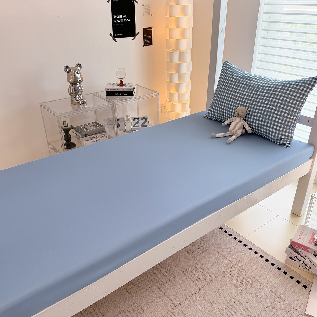 91家纺网 家纺一手货源 找家纺 十一家居2025年新款ins风A类亲肤水洗棉学生宿舍三件套——悸动系列 蓝小格+海青蓝