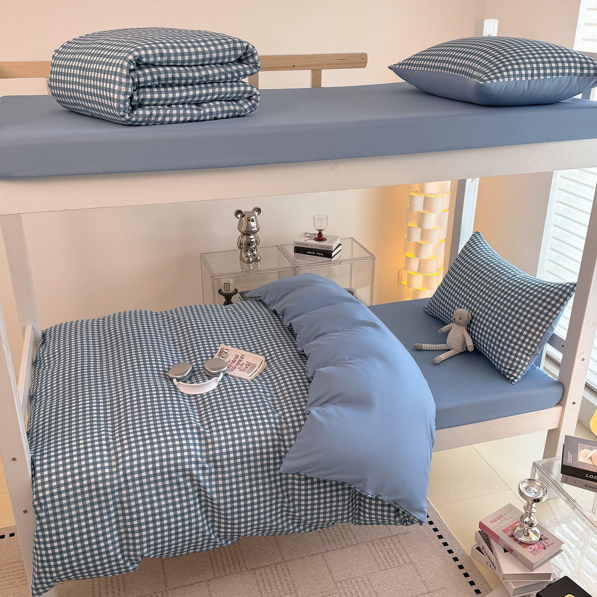 91家纺网 家纺一手货源 找家纺 十一家居2025年新款ins风A类亲肤水洗棉学生宿舍三件套——悸动系列 蓝小格+海青蓝