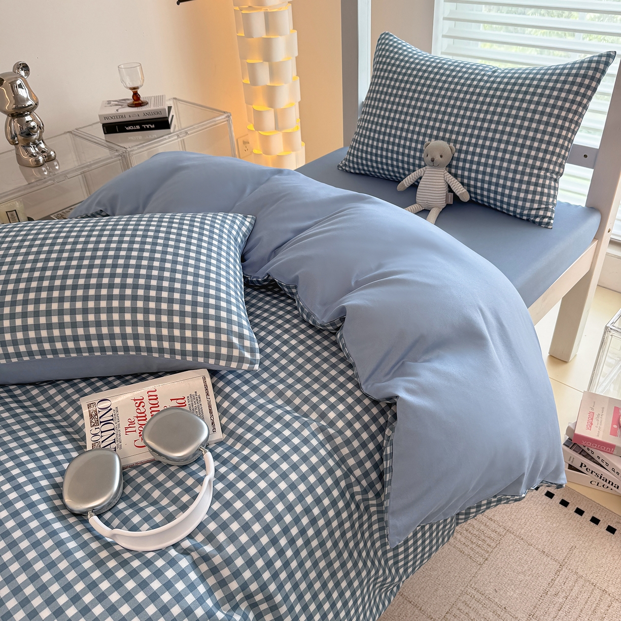 91家纺网 家纺一手货源 找家纺 十一家居2025年新款ins风A类亲肤水洗棉学生宿舍三件套——悸动系列 蓝小格+海青蓝
