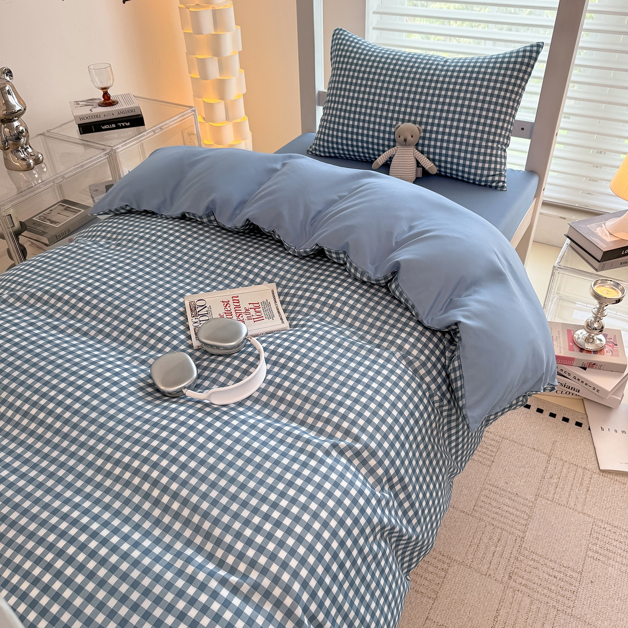 91家纺网 家纺一手货源 找家纺 十一家居2025年新款ins风A类亲肤水洗棉学生宿舍三件套——悸动系列 蓝小格+海青蓝