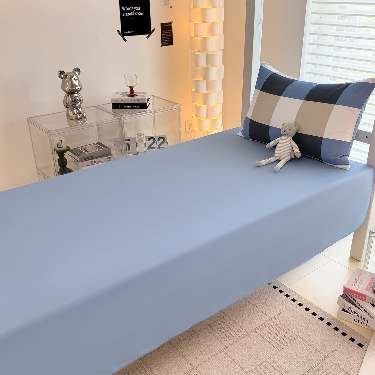 91家纺网 家纺一手货源 找家纺 十一家居2025年新款ins风A类亲肤水洗棉学生宿舍三件套——悸动系列 柏林蓝格+海青蓝