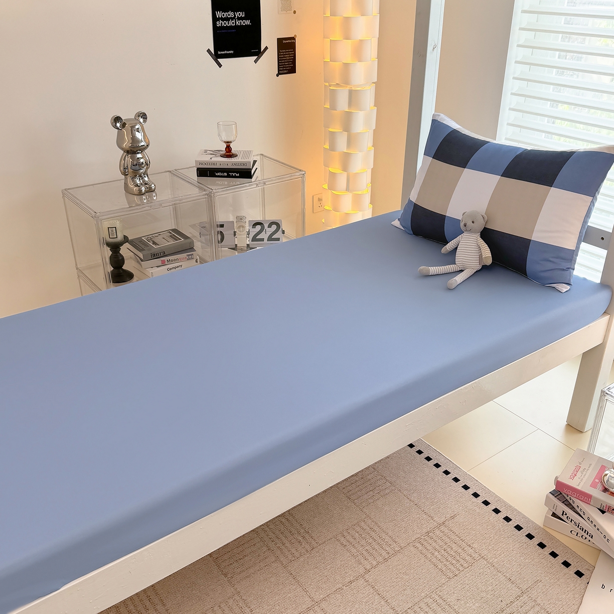 91家纺网 家纺一手货源 找家纺 十一家居2025年新款ins风A类亲肤水洗棉学生宿舍三件套——悸动系列 柏林蓝格+海青蓝