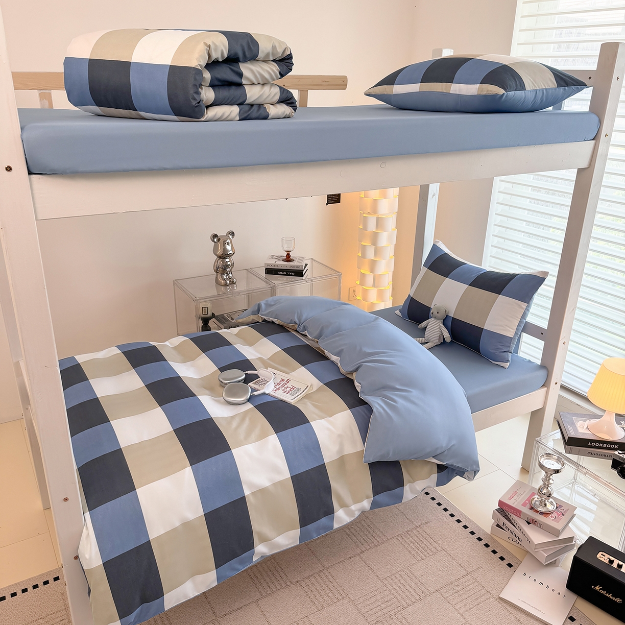 十一家居2025年新款ins风A类亲肤水洗棉学生宿舍三件套——悸动系列 柏林蓝格+海青蓝