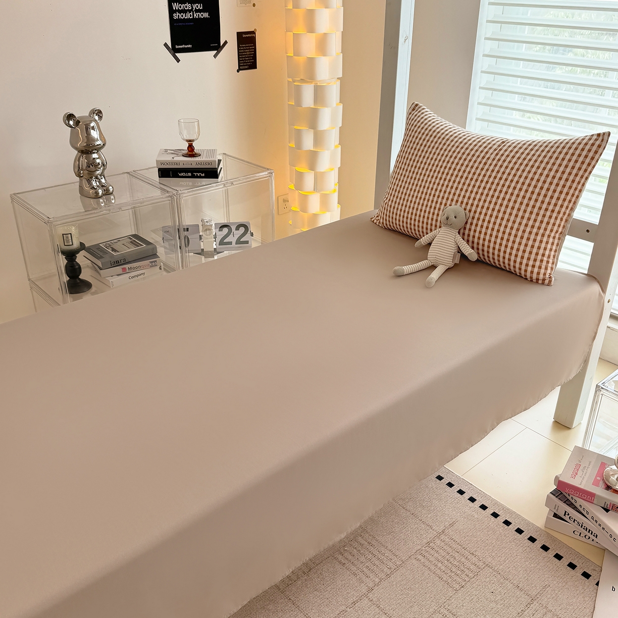 91家纺网 家纺一手货源 找家纺 十一家居2025年新款ins风A类亲肤水洗棉学生宿舍三件套——悸动系列 豆沙小格+粉玉