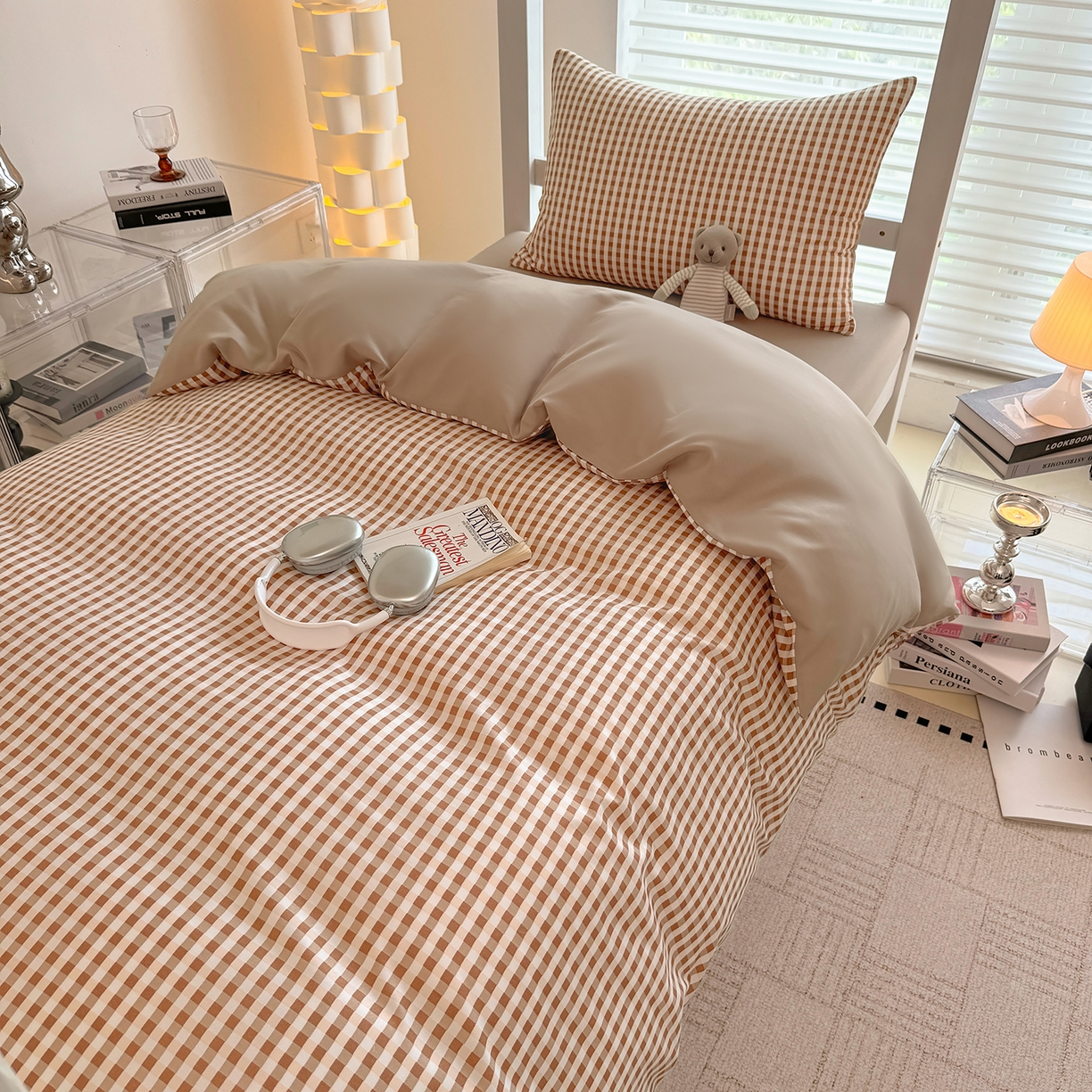 91家纺网 家纺一手货源 找家纺 十一家居2025年新款ins风A类亲肤水洗棉学生宿舍三件套——悸动系列 豆沙小格+粉玉