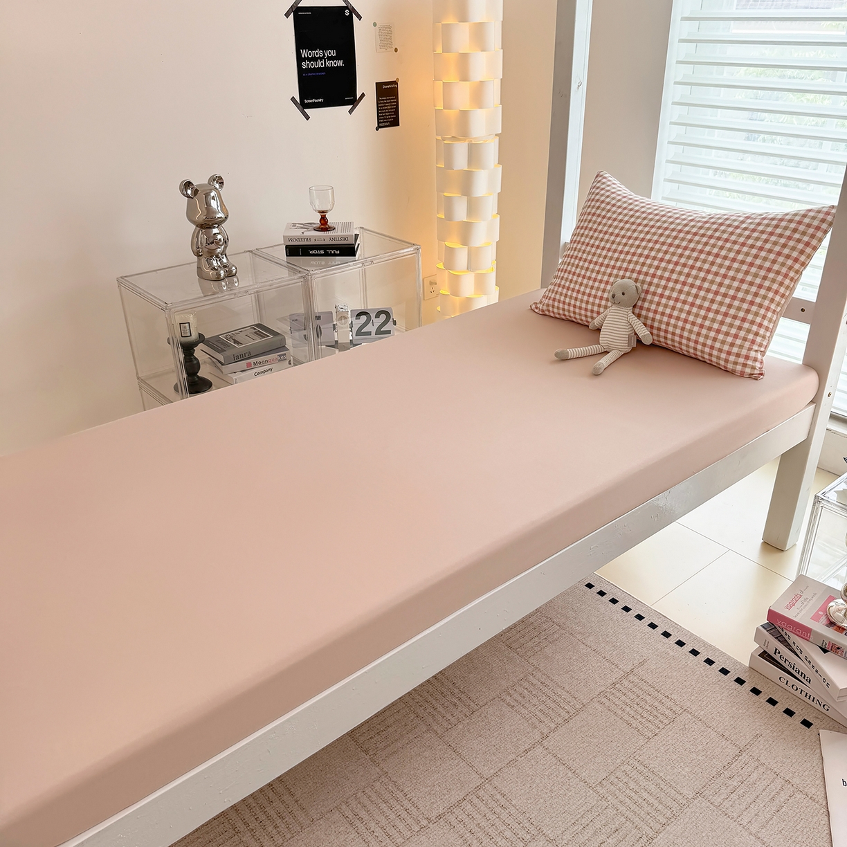 91家纺网 家纺一手货源 找家纺 十一家居2025年新款ins风A类亲肤水洗棉学生宿舍三件套——悸动系列 粉咖小格+粉玉