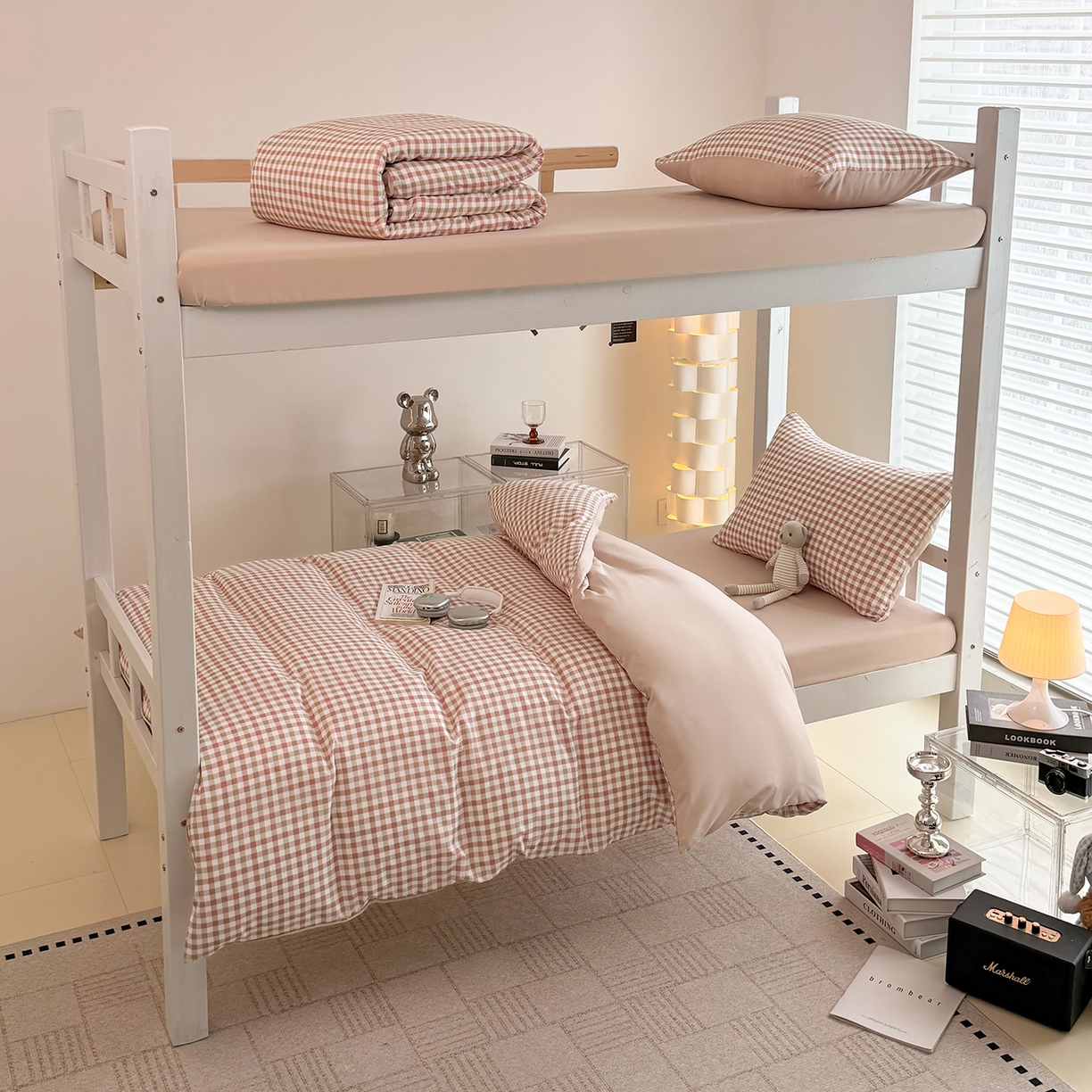 十一家居2025年新款ins风A类亲肤水洗棉学生宿舍三件套——悸动系列 粉咖小格+粉玉