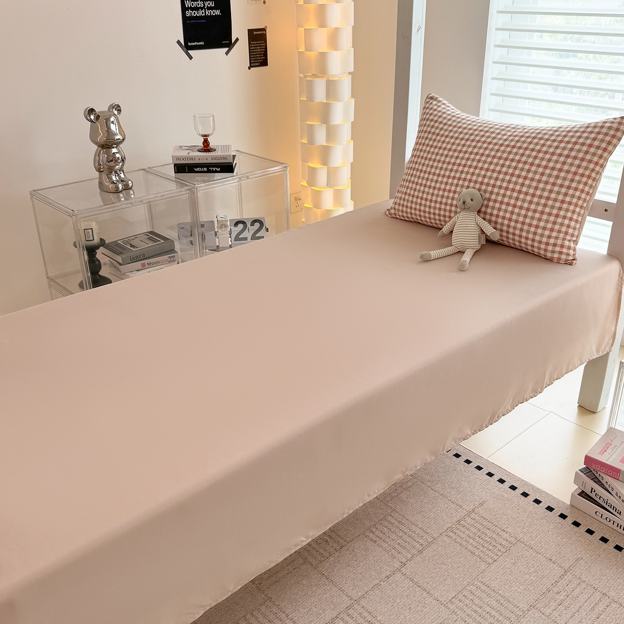 91家纺网 家纺一手货源 找家纺 十一家居2025年新款ins风A类亲肤水洗棉学生宿舍三件套——悸动系列 粉咖小格+粉玉