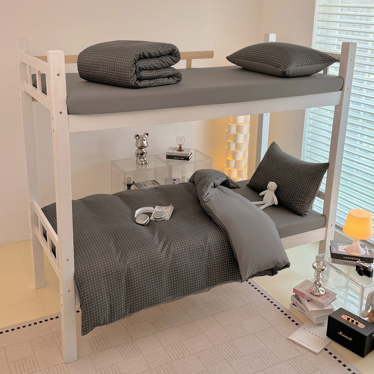 十一家居2025年新款ins风A类亲肤水洗棉学生宿舍三件套——悸动系列 黑小格+铅灰