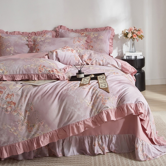 91家纺网 家纺一手货源 找家纺 金纱玉纺家纺 2025韩版数码印花加厚100%棉四件套 花舞-彐