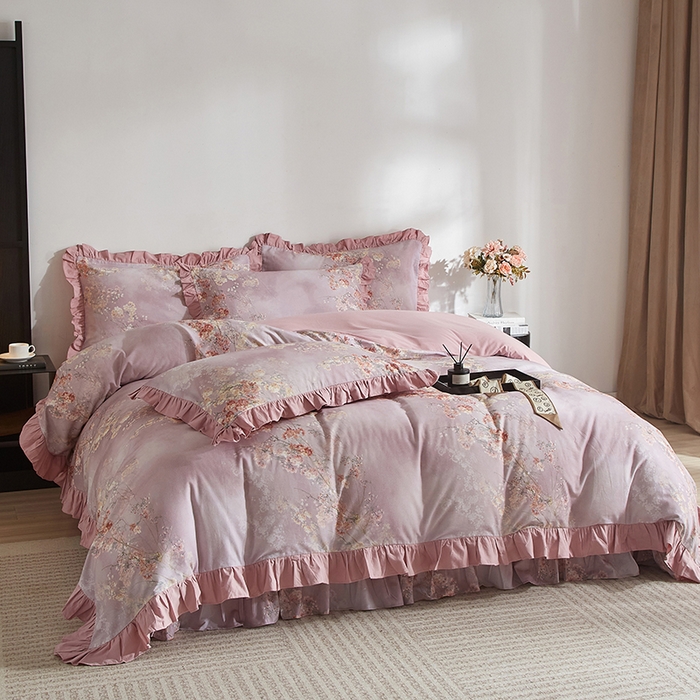 91家纺网 家纺一手货源 找家纺 金纱玉纺家纺 2025韩版数码印花加厚100%棉四件套 花舞-彐