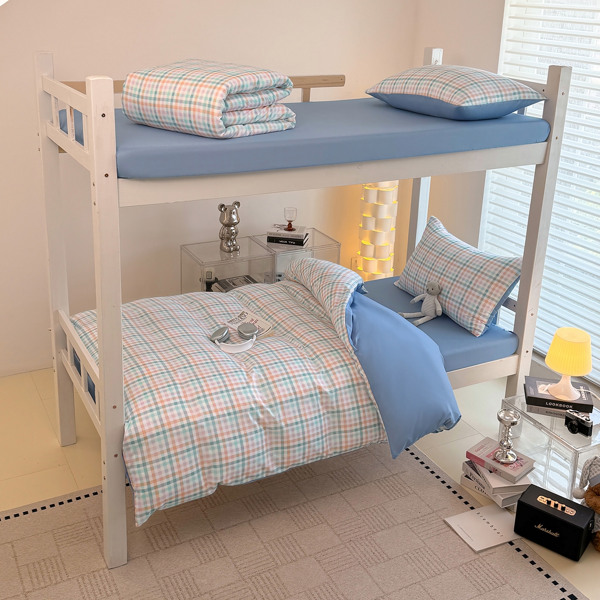 十一家居2025年新款ins风A类亲肤水洗棉学生宿舍三件套——悸动系列 糖果小格+海青蓝