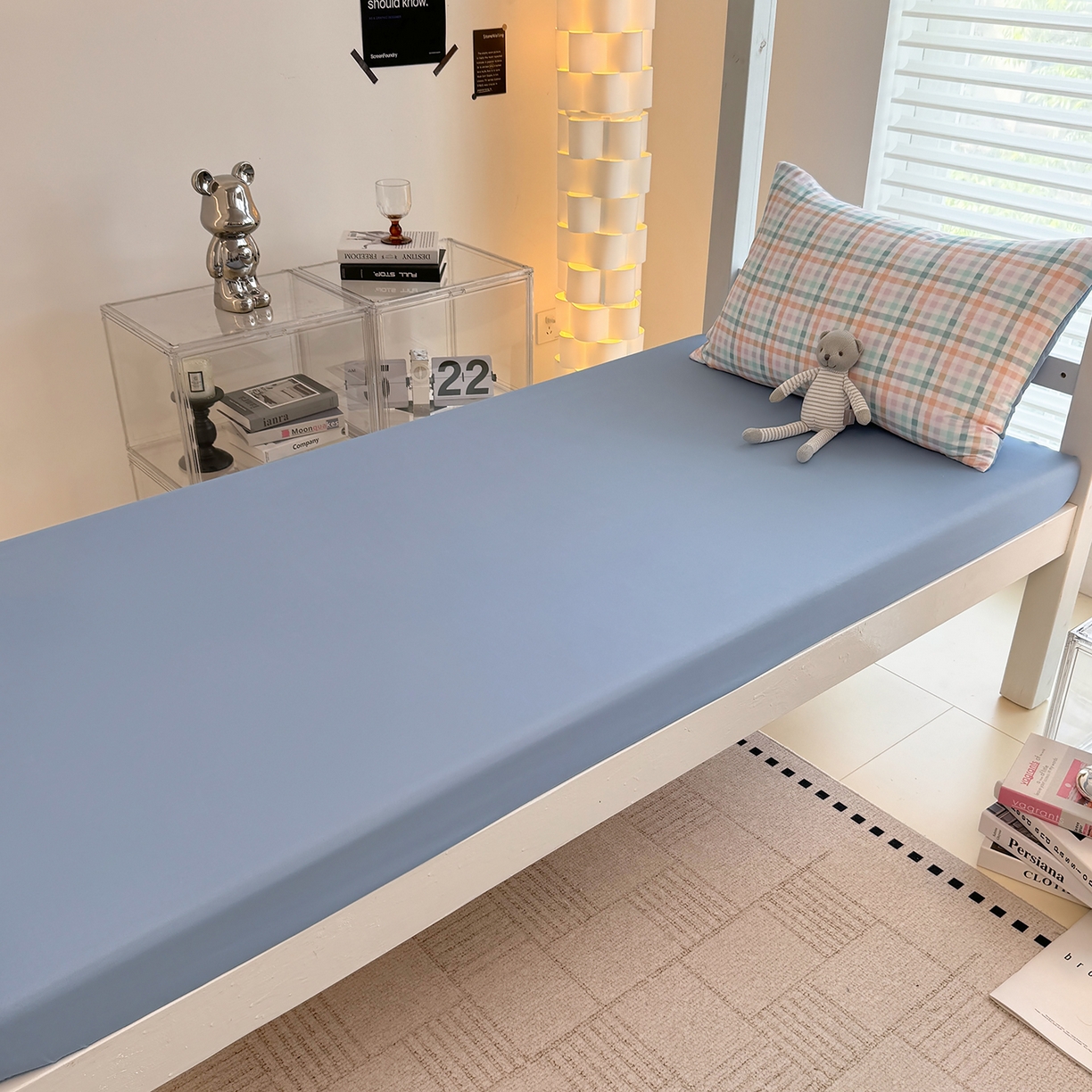 91家纺网 家纺一手货源 找家纺 十一家居2025年新款ins风A类亲肤水洗棉学生宿舍三件套——悸动系列 糖果小格+海青蓝