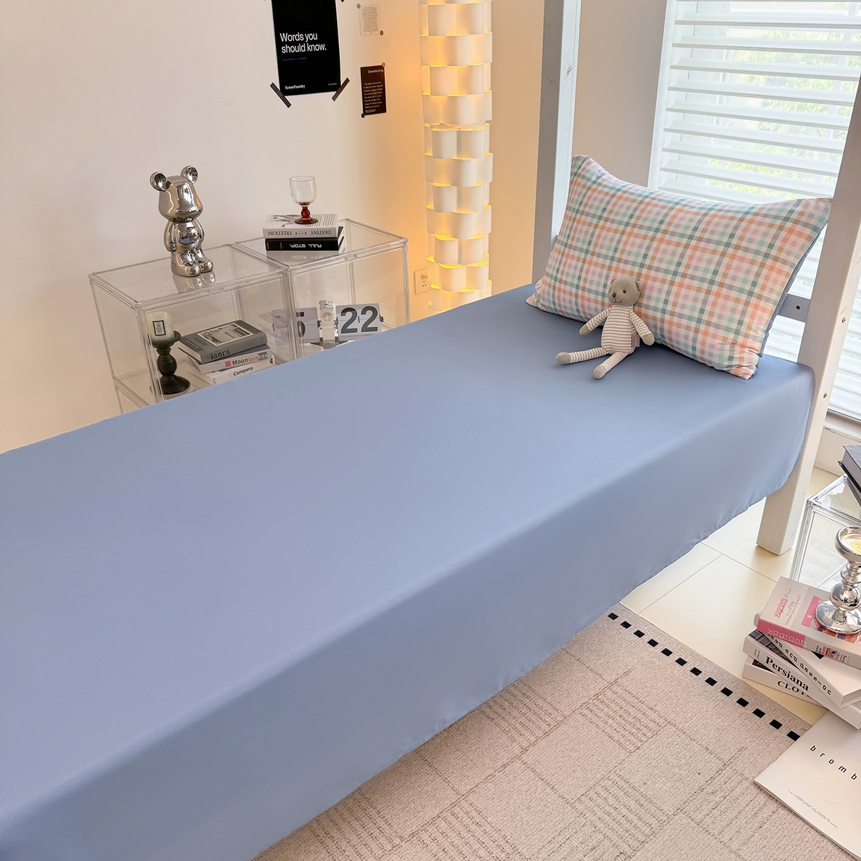 91家纺网 家纺一手货源 找家纺 十一家居2025年新款ins风A类亲肤水洗棉学生宿舍三件套——悸动系列 糖果小格+海青蓝