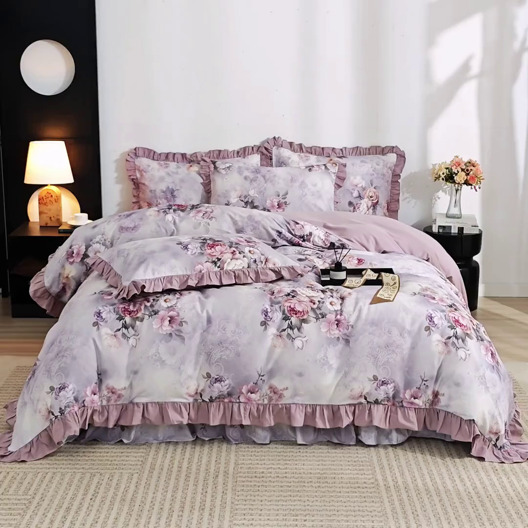 91家纺网 家纺一手货源 找家纺 金纱玉纺家纺 2025韩版数码印花加厚100%棉四件套 镜中花-彐