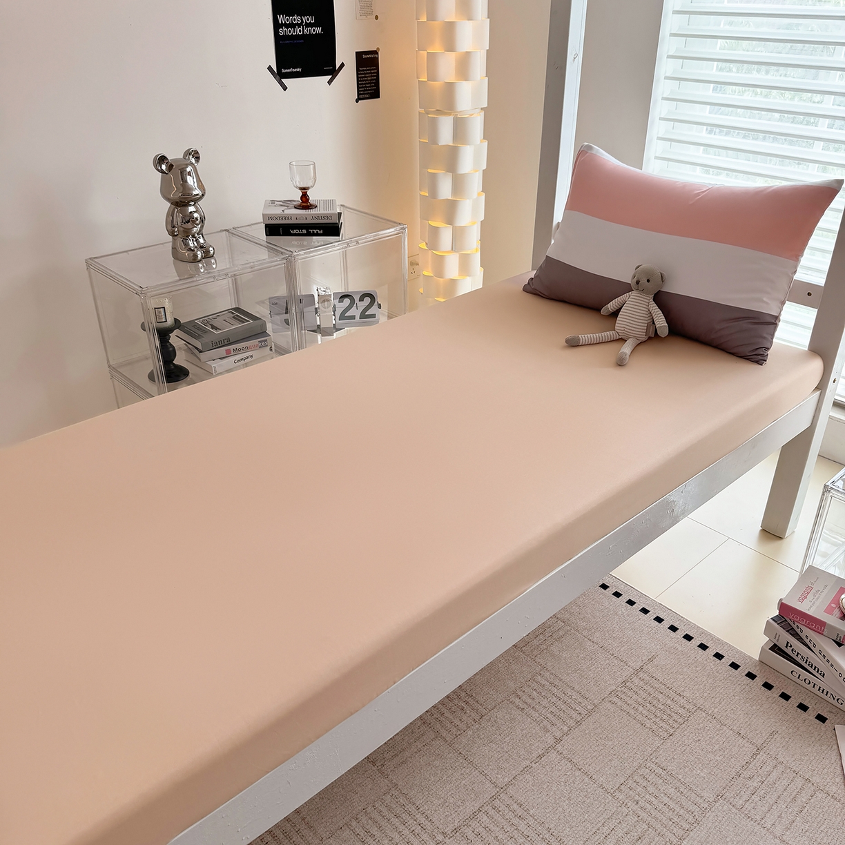 91家纺网 家纺一手货源 找家纺 十一家居2025年新款ins风A类亲肤水洗棉学生宿舍三件套——悸动系列 桃灰格+卡其