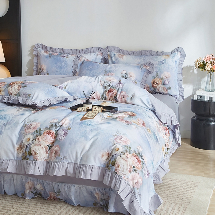 91家纺网 家纺一手货源 找家纺 金纱玉纺家纺 2025韩版数码印花加厚100%棉四件套 镜中花-兰