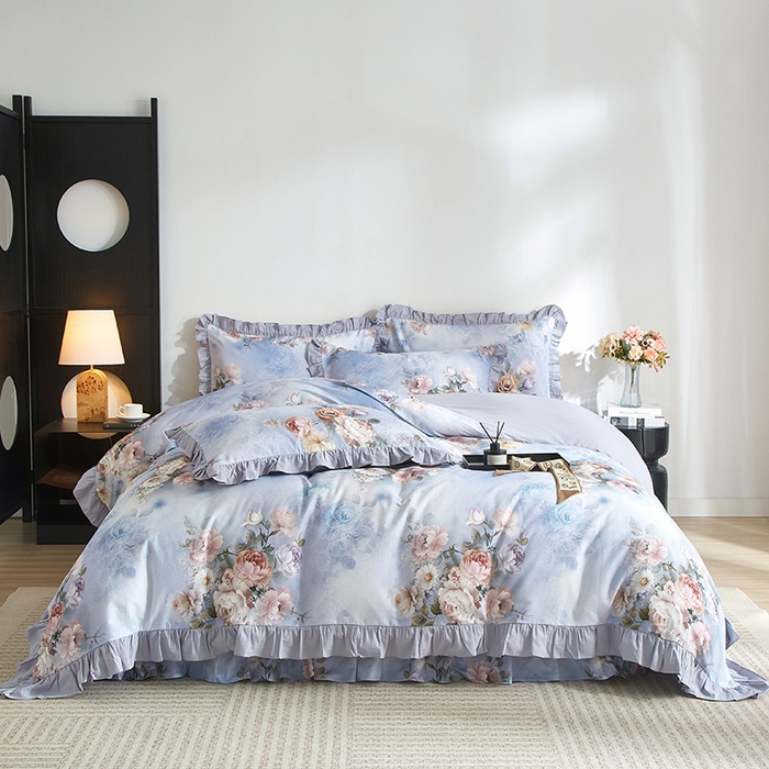 金纱玉纺家纺 2025韩版数码印花加厚100%棉四件套 镜中花-兰