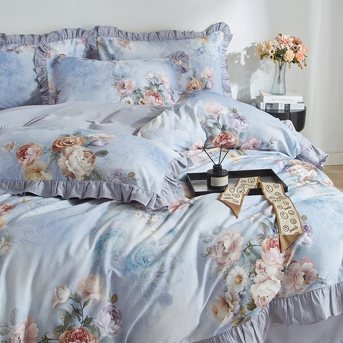 91家纺网 家纺一手货源 找家纺 金纱玉纺家纺 2025韩版数码印花加厚100%棉四件套 镜中花-兰