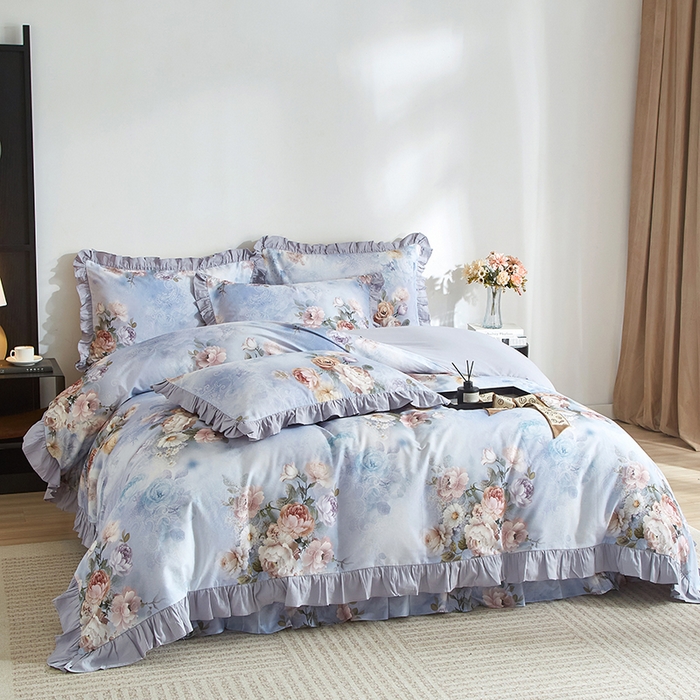 91家纺网 家纺一手货源 找家纺 金纱玉纺家纺 2025韩版数码印花加厚100%棉四件套 镜中花-兰