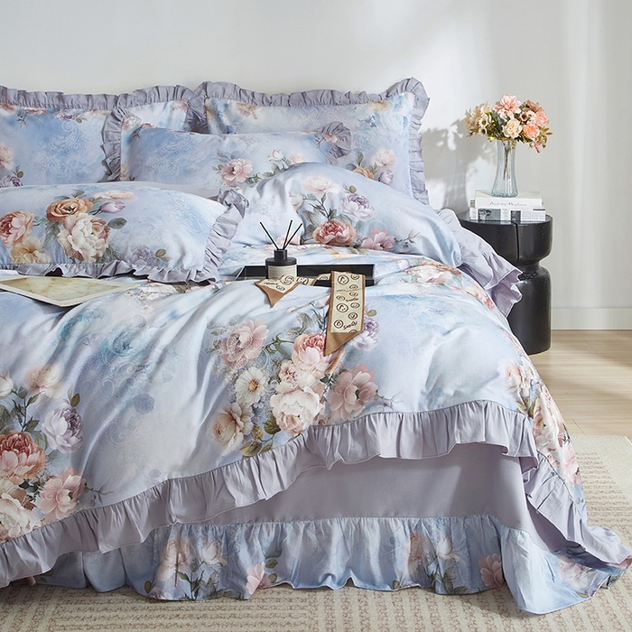 91家纺网 家纺一手货源 找家纺 金纱玉纺家纺 2025韩版数码印花加厚100%棉四件套 镜中花-兰