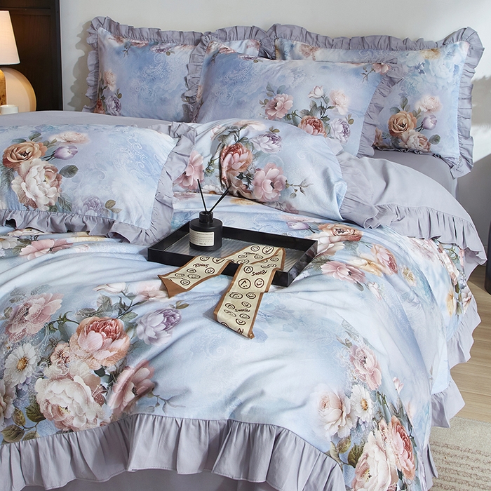 91家纺网 家纺一手货源 找家纺 金纱玉纺家纺 2025韩版数码印花加厚100%棉四件套 镜中花-兰