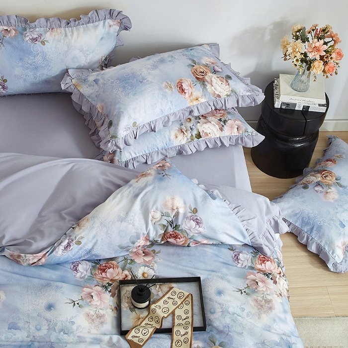 91家纺网 家纺一手货源 找家纺 金纱玉纺家纺 2025韩版数码印花加厚100%棉四件套 镜中花-兰