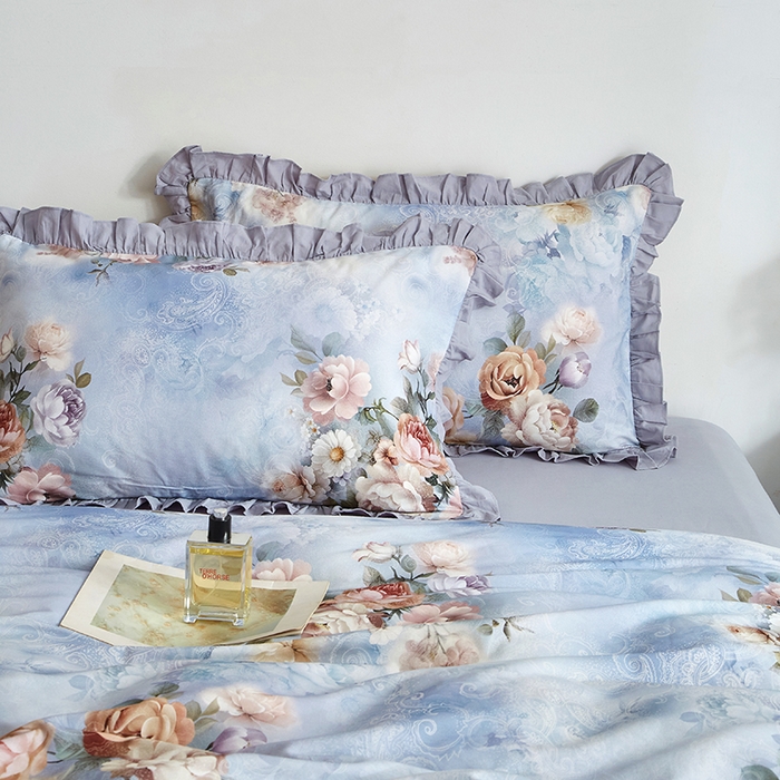 91家纺网 家纺一手货源 找家纺 金纱玉纺家纺 2025韩版数码印花加厚100%棉四件套 镜中花-兰