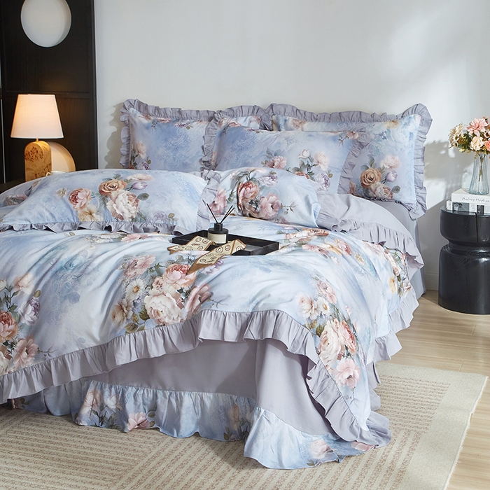 91家纺网 家纺一手货源 找家纺 金纱玉纺家纺 2025韩版数码印花加厚100%棉四件套 镜中花-兰