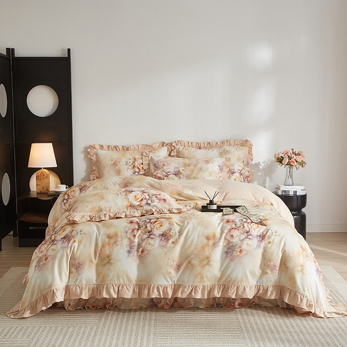 金纱玉纺家纺 2025韩版数码印花加厚100%棉四件套 沁心-桔