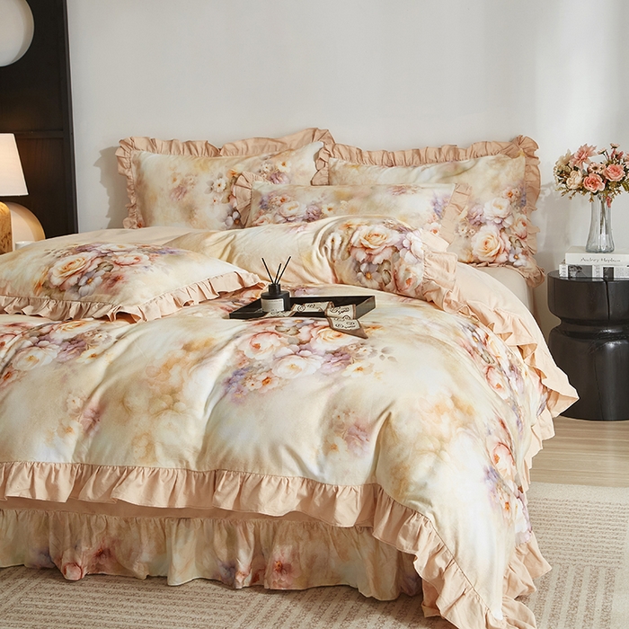 91家纺网 家纺一手货源 找家纺 金纱玉纺家纺 2025韩版数码印花加厚100%棉四件套 沁心-桔