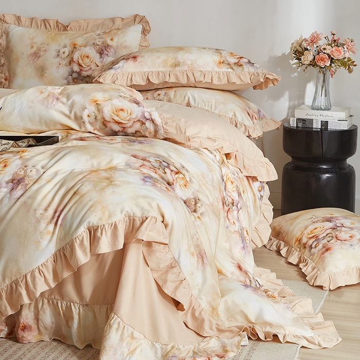 91家纺网 家纺一手货源 找家纺 金纱玉纺家纺 2025韩版数码印花加厚100%棉四件套 沁心-桔