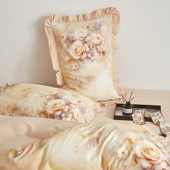 91家纺网 家纺一手货源 找家纺 金纱玉纺家纺 2025韩版数码印花加厚100%棉四件套 沁心-桔