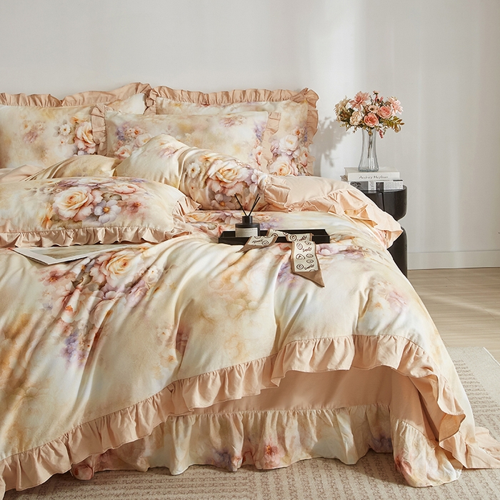 91家纺网 家纺一手货源 找家纺 金纱玉纺家纺 2025韩版数码印花加厚100%棉四件套 沁心-桔