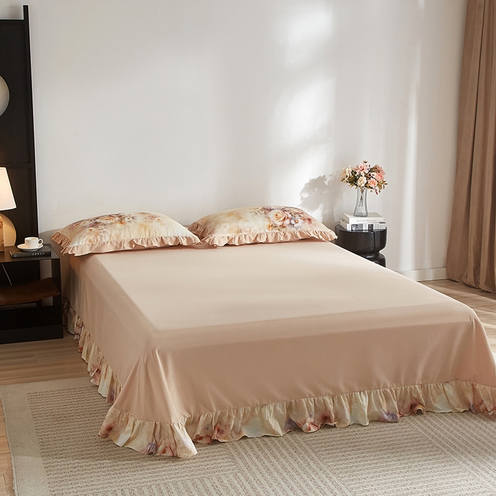 91家纺网 家纺一手货源 找家纺 金纱玉纺家纺 2025韩版数码印花加厚100%棉四件套 沁心-桔