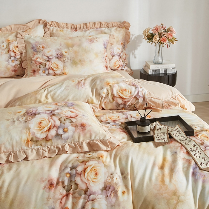 91家纺网 家纺一手货源 找家纺 金纱玉纺家纺 2025韩版数码印花加厚100%棉四件套 沁心-桔