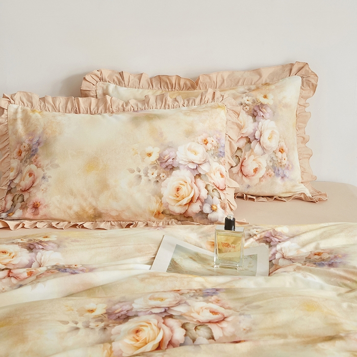 91家纺网 家纺一手货源 找家纺 金纱玉纺家纺 2025韩版数码印花加厚100%棉四件套 沁心-桔