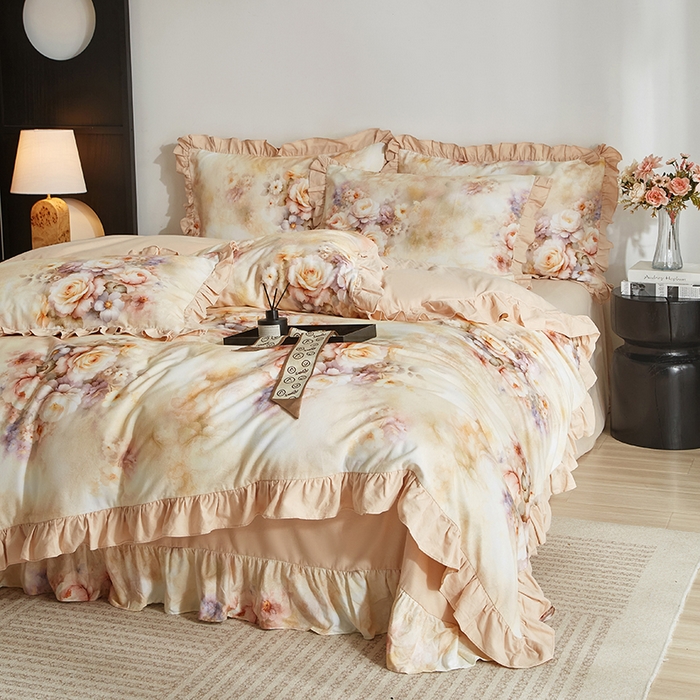 91家纺网 家纺一手货源 找家纺 金纱玉纺家纺 2025韩版数码印花加厚100%棉四件套 沁心-桔