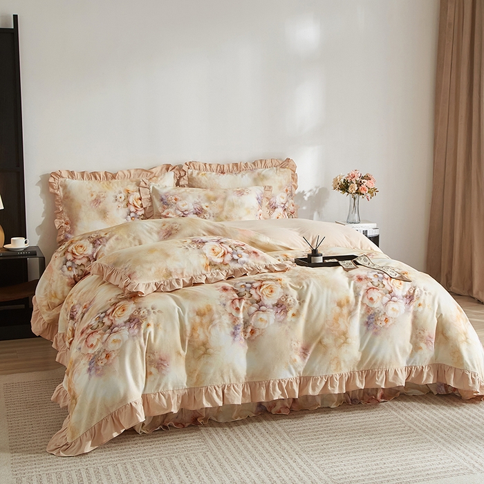 91家纺网 家纺一手货源 找家纺 金纱玉纺家纺 2025韩版数码印花加厚100%棉四件套 沁心-桔