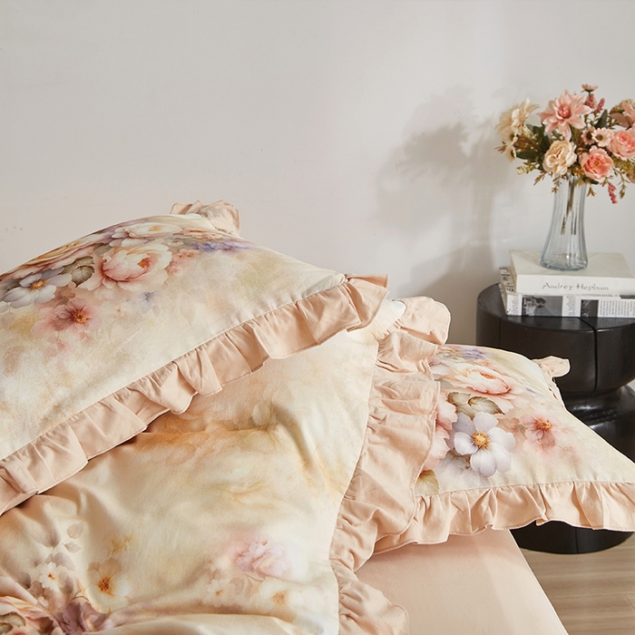 91家纺网 家纺一手货源 找家纺 金纱玉纺家纺 2025韩版数码印花加厚100%棉四件套 沁心-桔