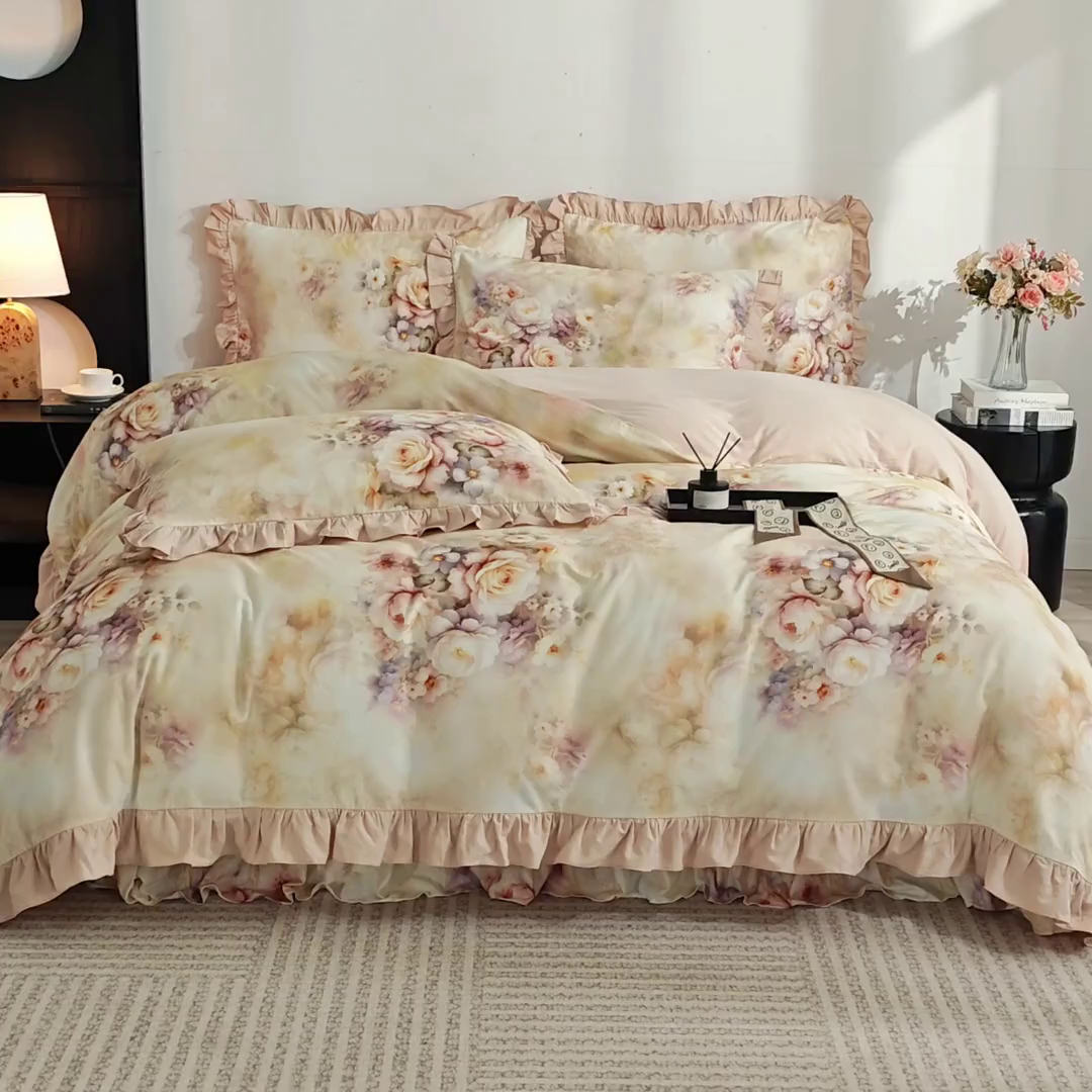 91家纺网 家纺一手货源 找家纺 金纱玉纺家纺 2025韩版数码印花加厚100%棉四件套 沁心-桔