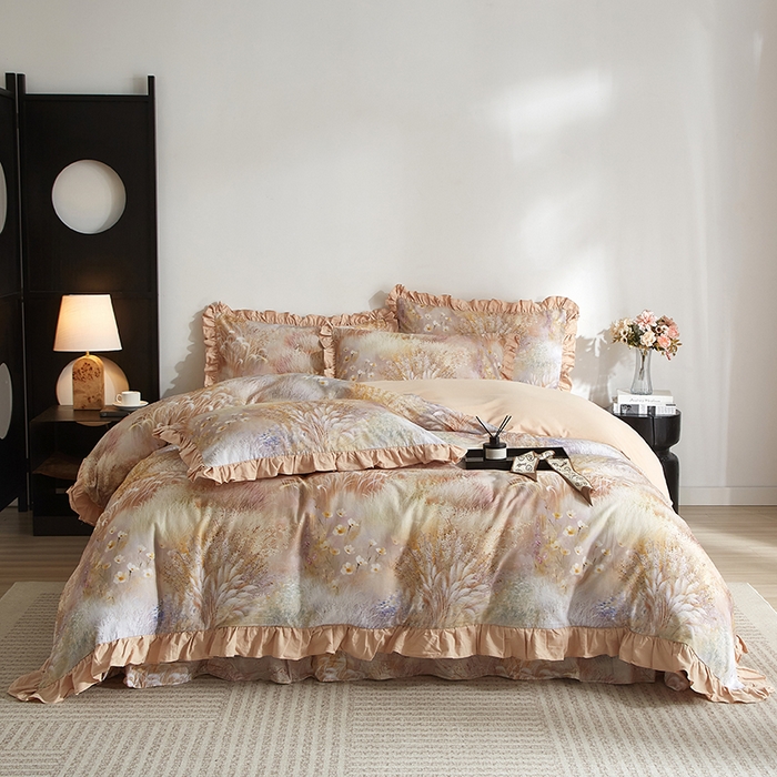 金纱玉纺家纺 2025韩版数码印花加厚100%棉四件套 秋意浓-咖