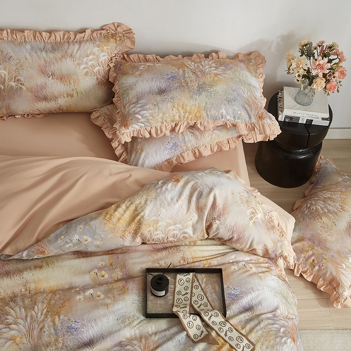 91家纺网 家纺一手货源 找家纺 金纱玉纺家纺 2025韩版数码印花加厚100%棉四件套 秋意浓-咖