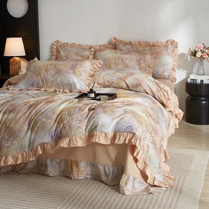 91家纺网 家纺一手货源 找家纺 金纱玉纺家纺 2025韩版数码印花加厚100%棉四件套 秋意浓-咖