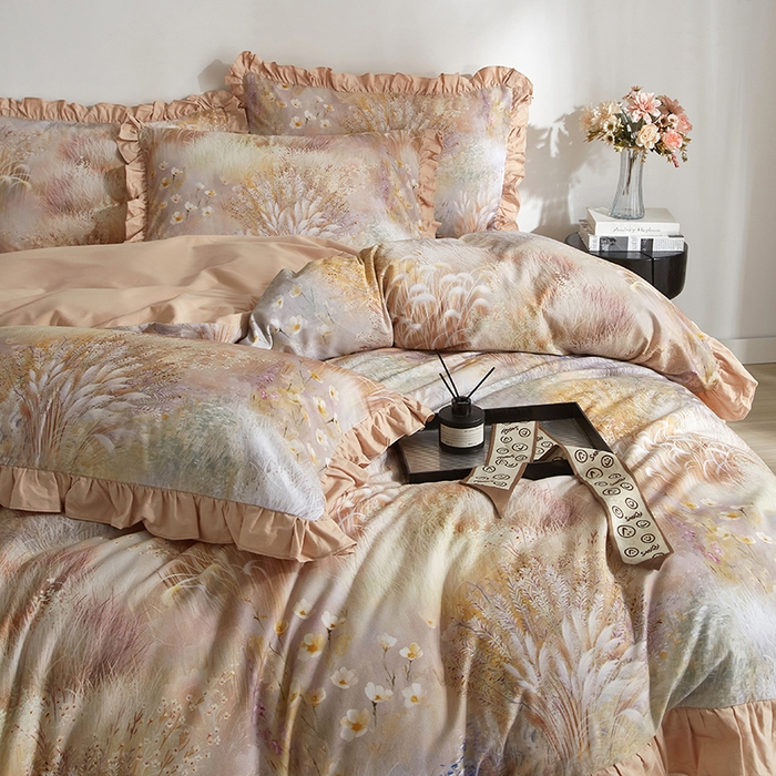 91家纺网 家纺一手货源 找家纺 金纱玉纺家纺 2025韩版数码印花加厚100%棉四件套 秋意浓-咖