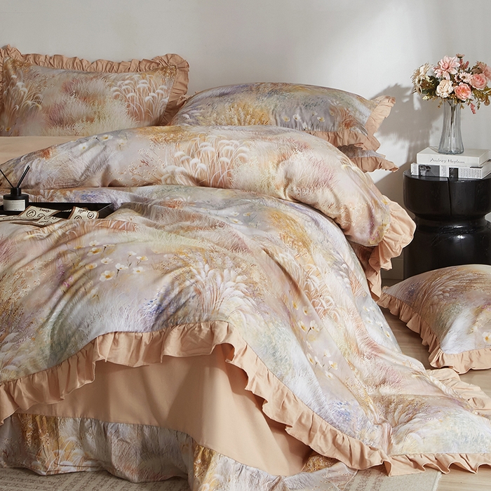 91家纺网 家纺一手货源 找家纺 金纱玉纺家纺 2025韩版数码印花加厚100%棉四件套 秋意浓-咖