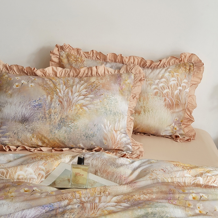 91家纺网 家纺一手货源 找家纺 金纱玉纺家纺 2025韩版数码印花加厚100%棉四件套 秋意浓-咖