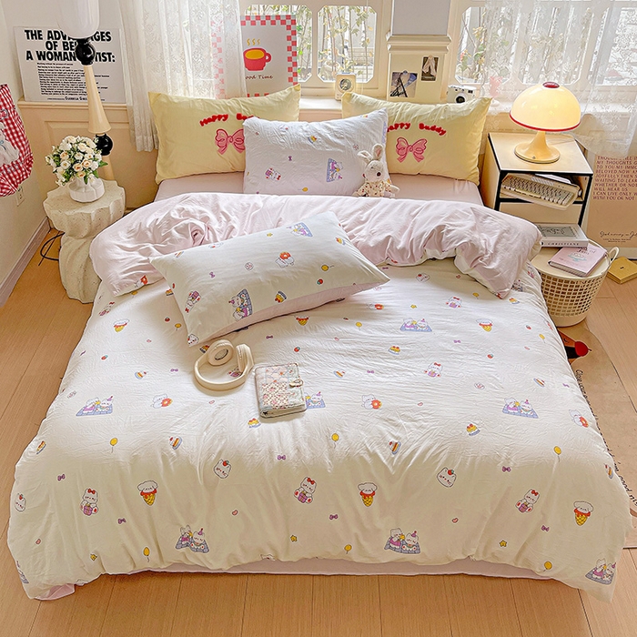 91家纺网 家纺一手货源 找家纺 布可家纺 2025新款水洗棉时尚印花四件套 可可猫咪