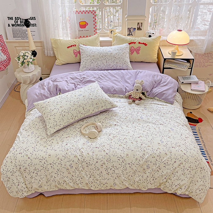 91家纺网 家纺一手货源 找家纺 布可家纺 2025新款水洗棉时尚印花四件套 蓝枝兔